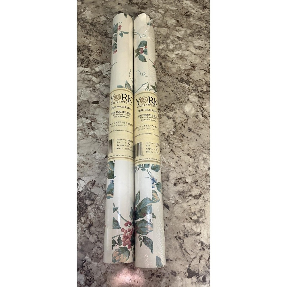Vintage York Wallcoverings Cottagecore Botanical Fruit HI2246, 56 Sq Ft Lot Of 2